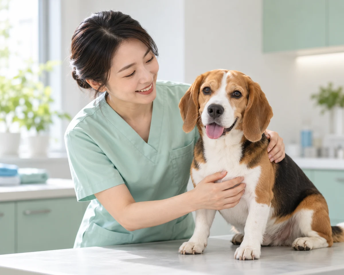 兽医与健康犬只温和互动的品牌形象画面